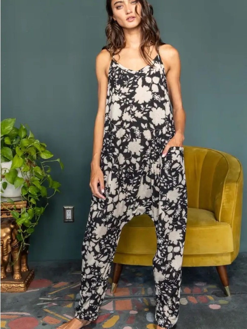 BUCKETLIST Black & Cream Floral Spaghetti-Strap Jumpsuit